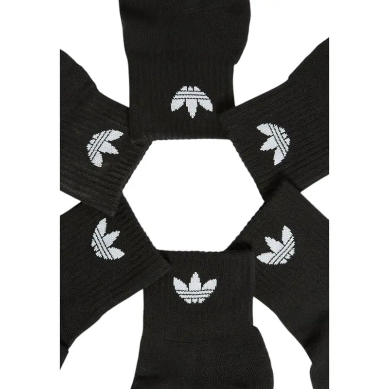 Six pairs of black ankle socks with white Adidas trefoil logos for men’s spring summer underwear collection