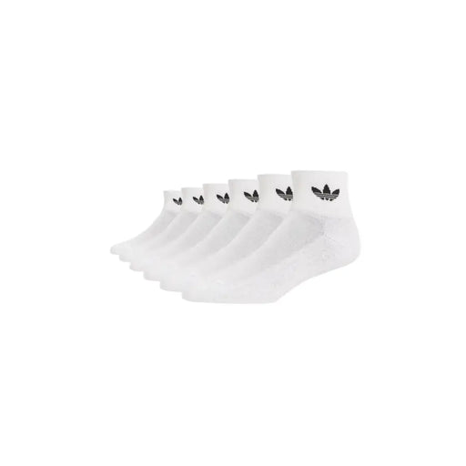Six pairs of white Adidas Trefoil logo quarter-length socks displayed in Adidas Men White Spring Summer Underwear