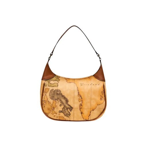 Light brown shoulder bag with world map pattern and dark brown leather trim
