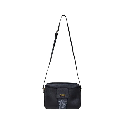 Black rectangular shoulder bag with patterned flap and zip closure by Alviero Martini Prima Classe