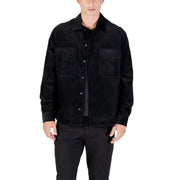 Men’s black corduroy collared shirt jacket with patch pockets and button closure