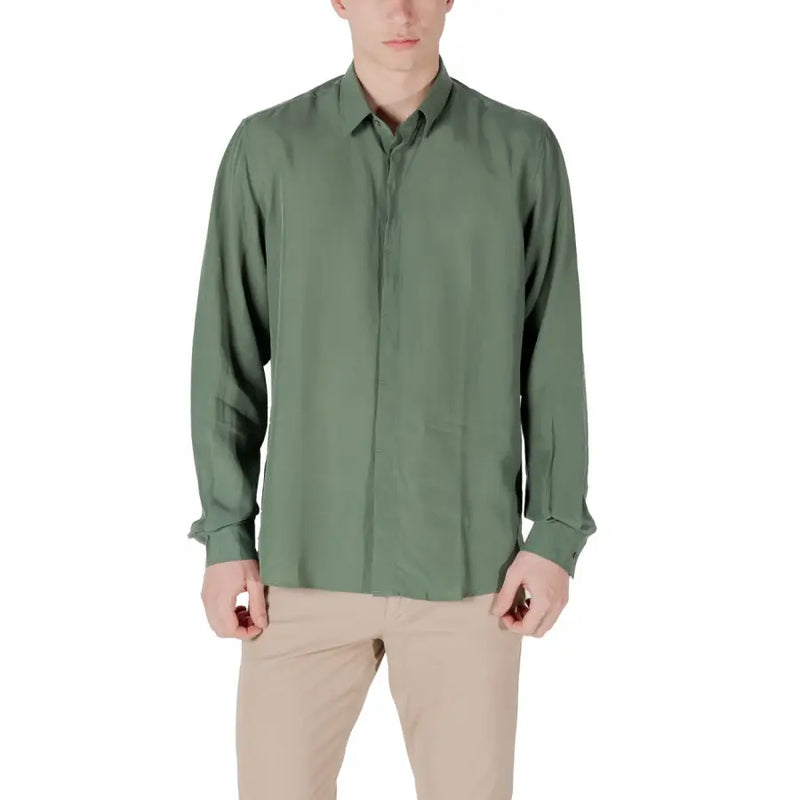 Men’s muted olive green long-sleeved collared shirt from Antony Morato Classic Blue Linen Blend collection