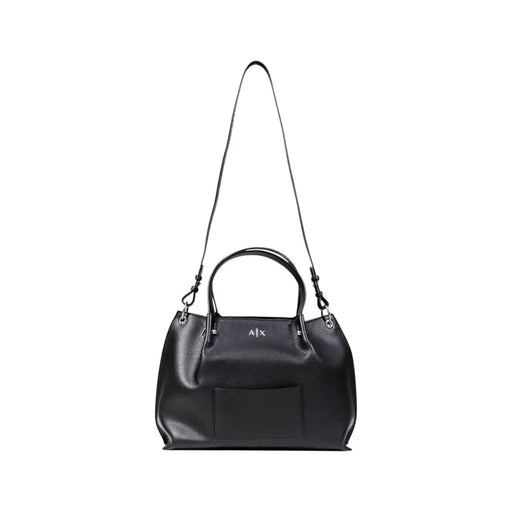 Black leather tote bag with shoulder strap and inner pockets from Armani Exchange