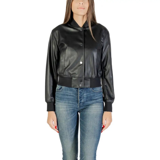 Women’s black faux leather bomber jacket from Armani Exchange with front pockets