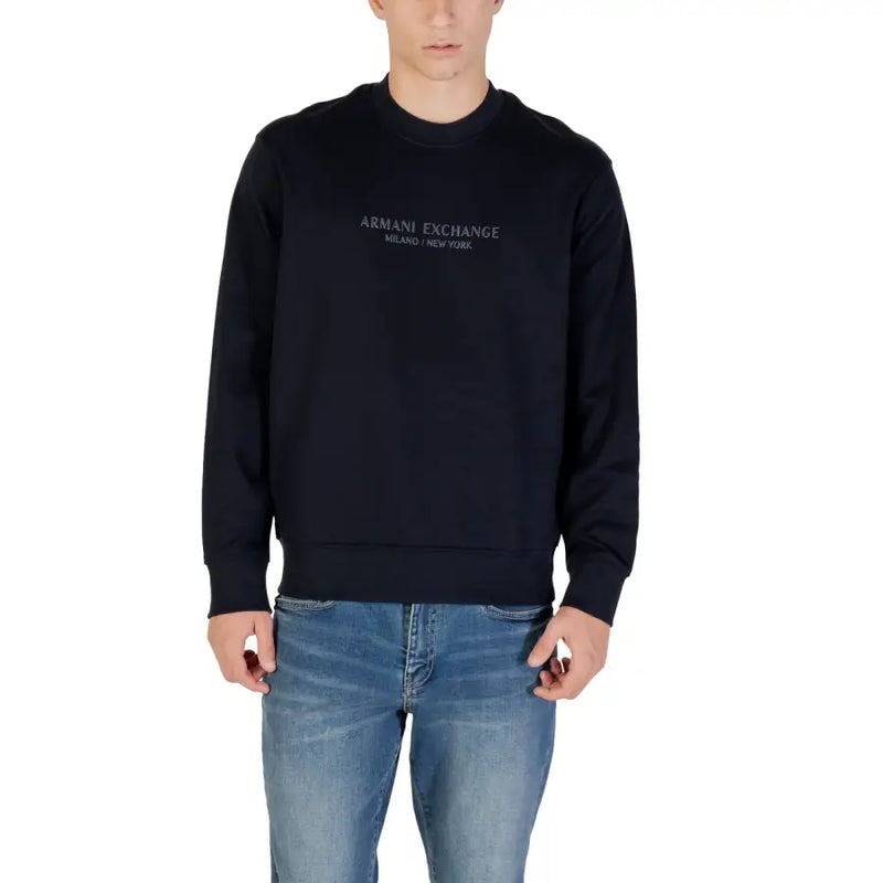 Men’s dark blue Armani Exchange cotton crewneck sweatshirt with light wash jeans