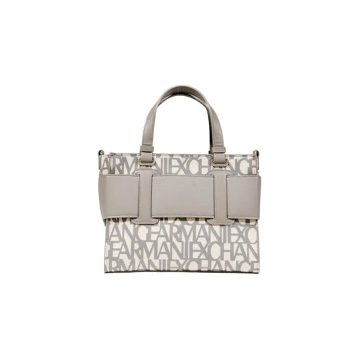 Armani Exchange grey printed tote bag with repeating logo pattern and zip closure
