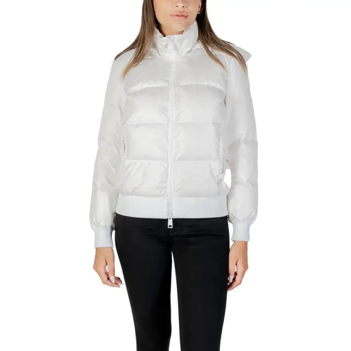 White puffer jacket with full zip closure from Armani Exchange Women Long White Hooded Fall Winter Jacket collection