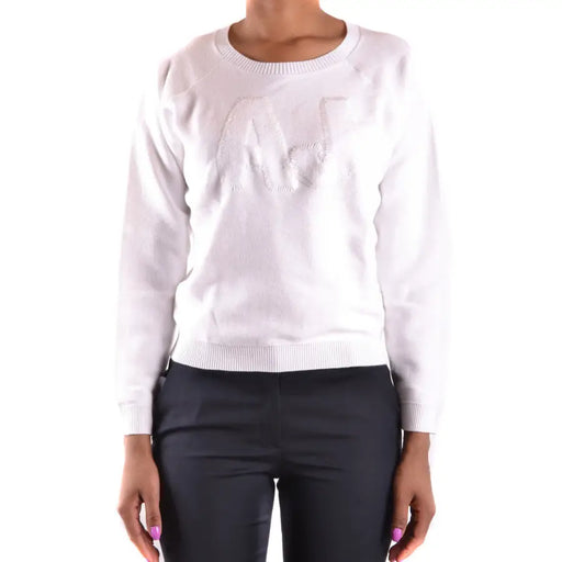 Women’s white long-sleeved crew-neck sweatshirt with embossed AM logo for Armani Jeans Women
