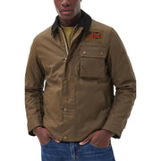 Men’s brown cotton blazer with a Union Jack patch and front pockets by Barbour