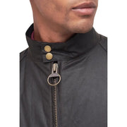 Dark green high-collared jacket with full zipper and gold snap buttons for Men