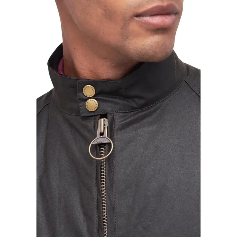 Dark green high-collared jacket with full zipper and gold snap buttons for Men