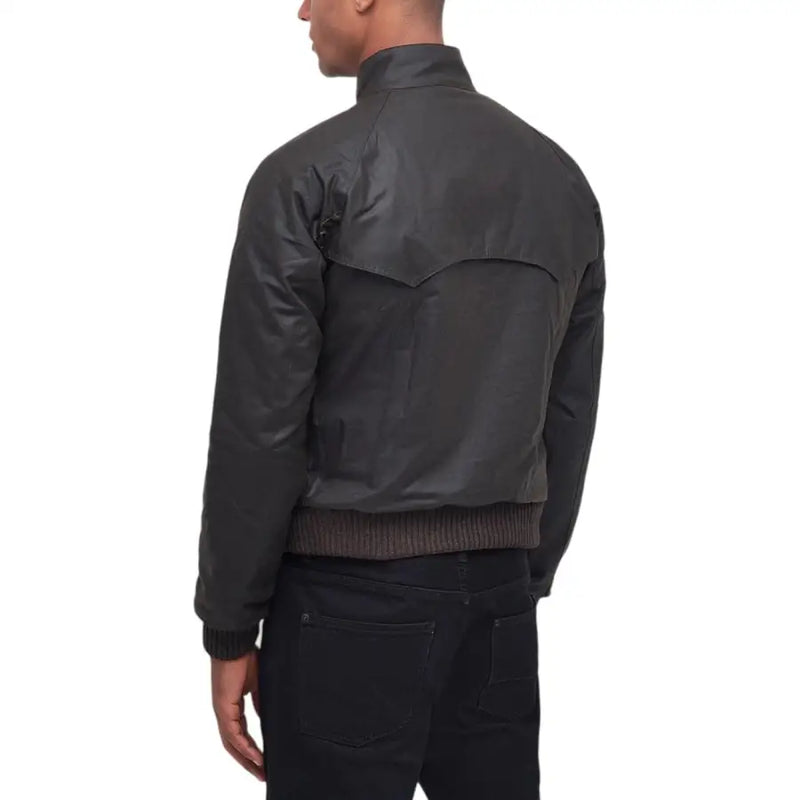 Men’s dark gray bomber jacket with ribbed hem and cuffs displayed with Barbour Brown Cotton Turtleneck Blazer