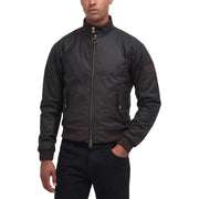 Men’s black bomber jacket with ribbed hem and cuffs displayed with Barbour Brown Cotton Turtleneck Blazer