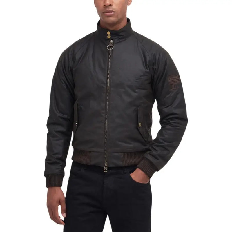Men’s black bomber jacket with ribbed hem and cuffs displayed with Barbour Brown Cotton Turtleneck Blazer
