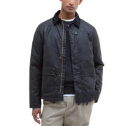 Barbour Men Grey Cotton Blazer with Zip and Button Closure featuring a black waxed cotton jacket with corduroy collar