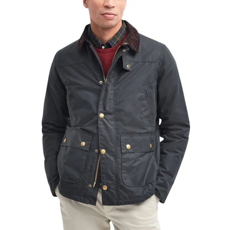 Men’s waxed cotton jacket with corduroy collar and brass snaps from Barbour Men Grey Cotton Blazer