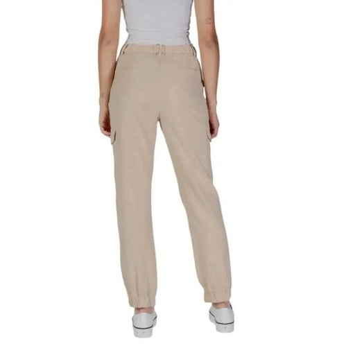 Beige cargo-style jogger pants with elastic cuffs and pockets from B.young Women’s collection