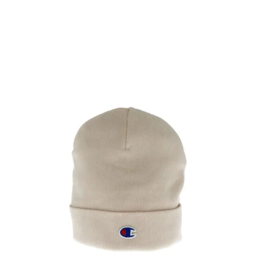 Beige Champion beanie displayed with Champion Women’s Pink Cap in 100% Polyester
