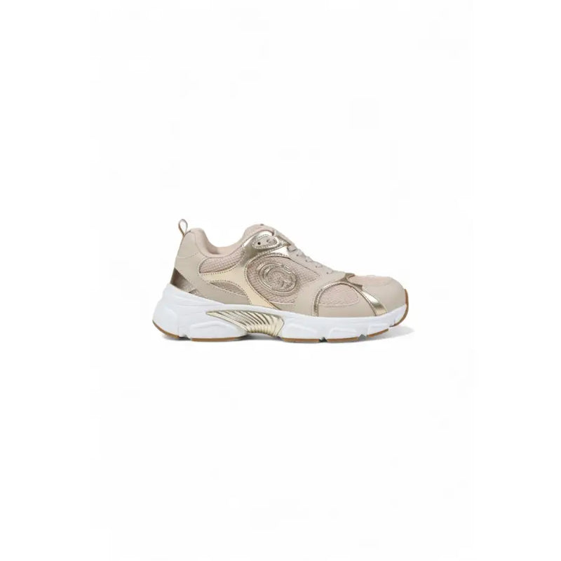 Beige and gold metallic women’s athletic slip-on sneakers with thick white sole