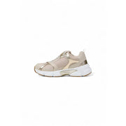 Beige and gold metallic women’s athletic slip-on sneaker with thick white sole