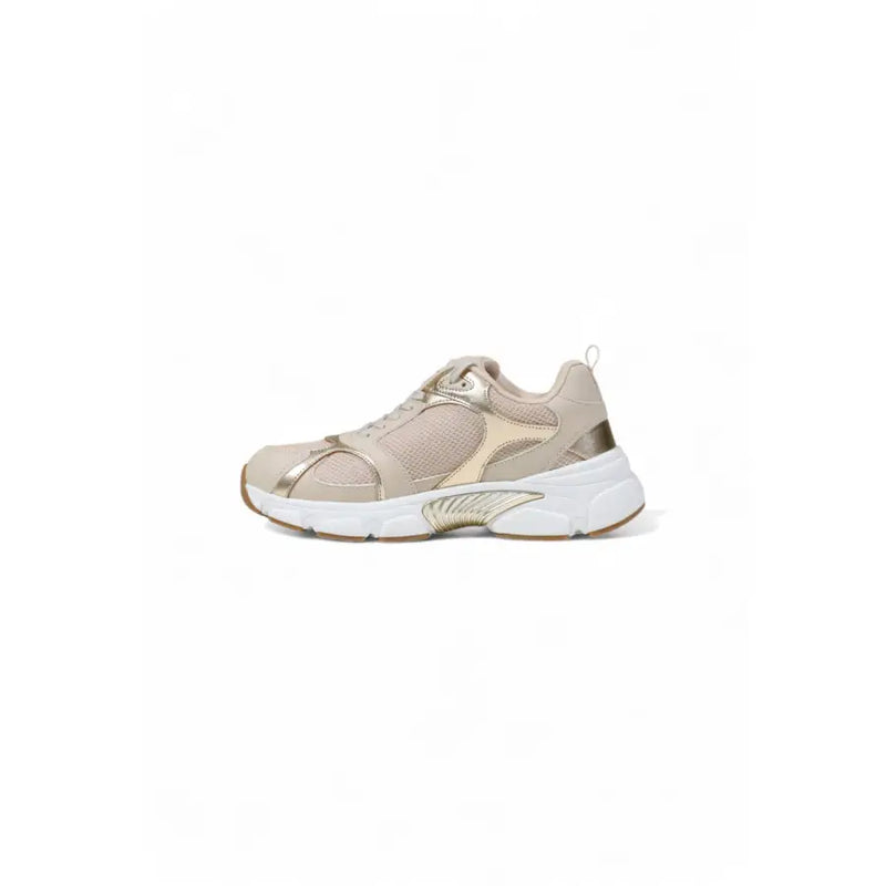 Beige and gold metallic women’s athletic slip-on sneaker with thick white sole