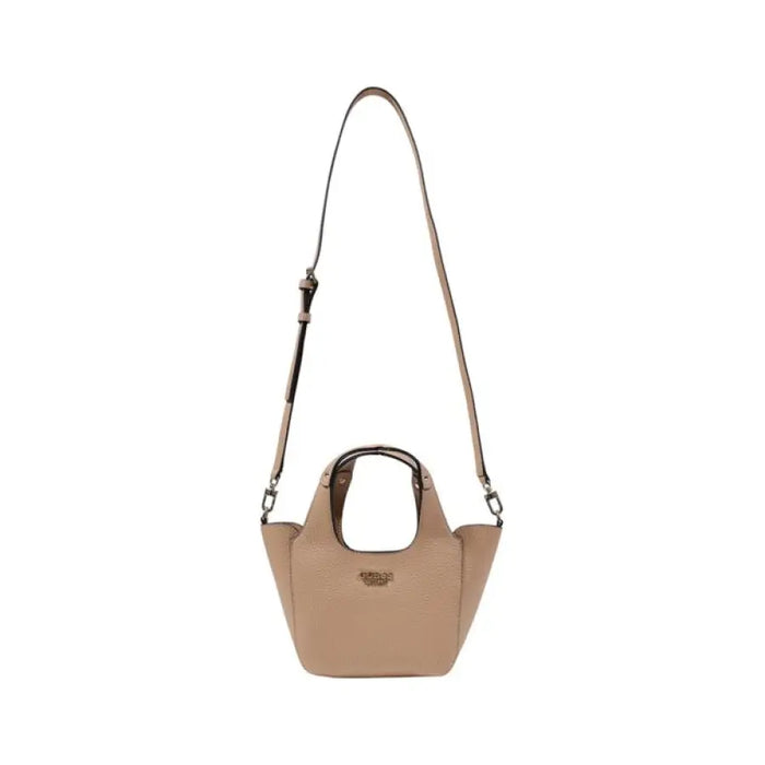 Beige textured leather Guess handbag with shoulder strap and light gray accents