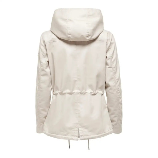 Women’s light beige hooded parka jacket with drawstring waist for stylish comfort