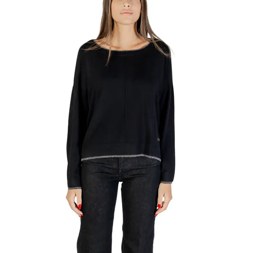 Women’s black long-sleeve boat neck sweater with silver trim from Liu Jo