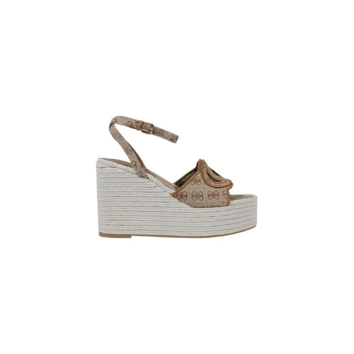 Beige patterned wedge sandal with stylish design and comfortable heel for women