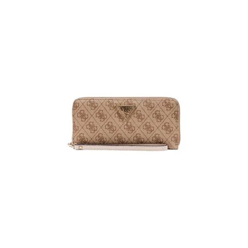 Beige patterned zip-around wallet with intricate design and secure zipper closure