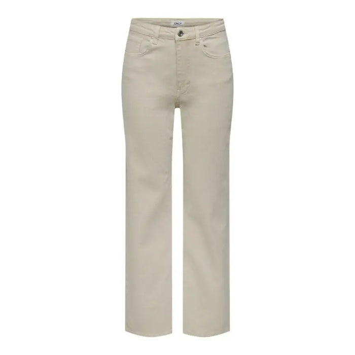 Beige straight-leg jeans paired with a women’s brown long sleeve shirt