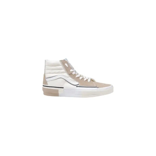 Beige and white high-top Vans sneaker shown in a product image
