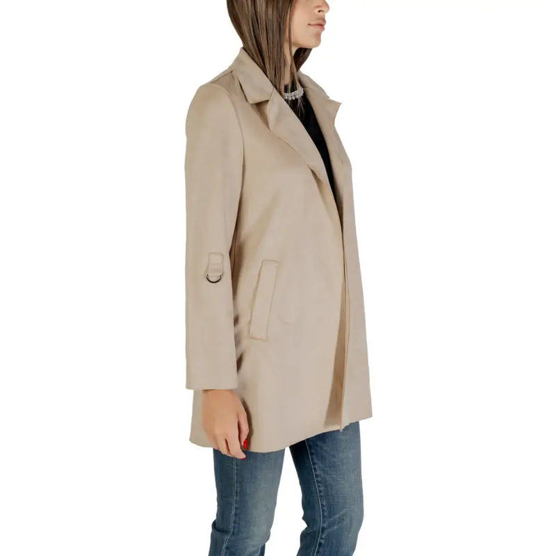 Light beige women’s long-sleeved trench coat featured in Beige Womens Slip On Fall Winter Blazer