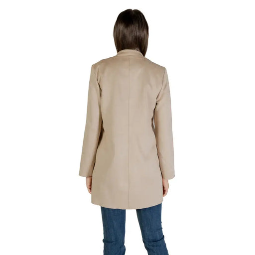 Beige Womens Slip On Fall Winter Blazer featuring a long-sleeved collarless tan blazer