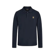 Navy blue long-sleeved polo shirt with a gold emblem on the chest.