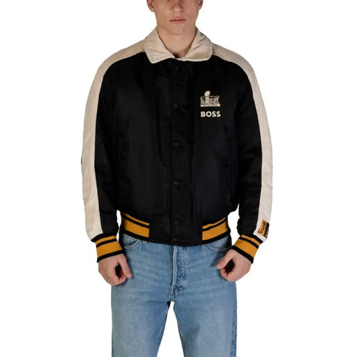 Black and cream Super Bowl jacket featuring stylish design and premium materials
