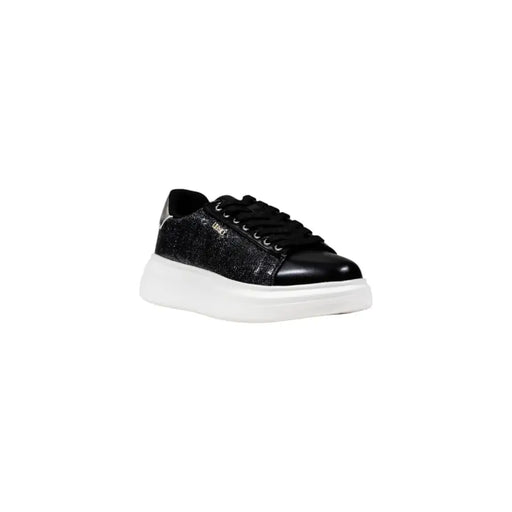Black glitter platform slip-on sneakers with white soles and black laces by Liu Jo Women