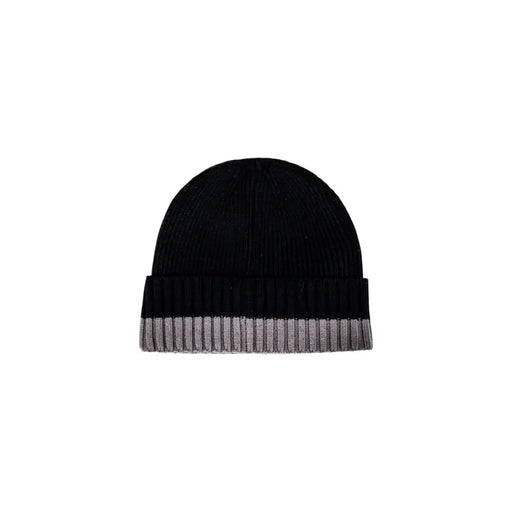 Black and gray knit beanie hat displayed in the Black and Gray Knit Beanie product image