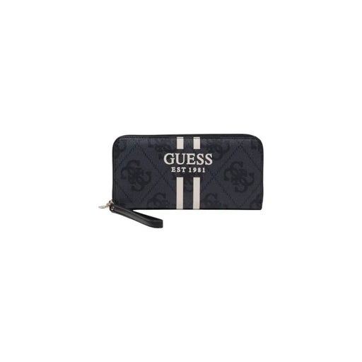 Black Guess wallet with white stripes and wrist strap displayed in the image