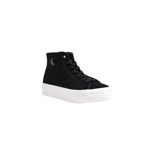 Black high-top sneaker with white platform sole displayed in product listing