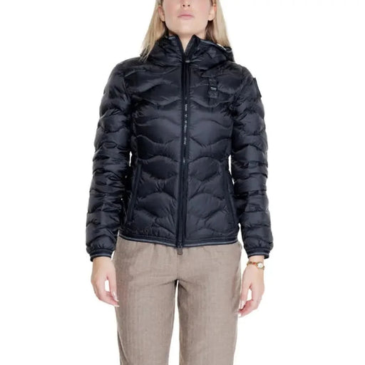 Black hooded puffer jacket from Blauer featuring front pockets and a stylish turtleneck design