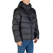 Black Hooded Puffer Jacket displayed in a product image, showcasing its stylish design