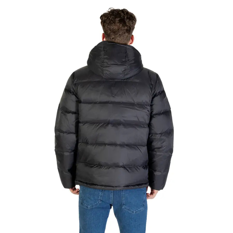 Black hooded puffer jacket displayed in a product image, suitable for cold weather
