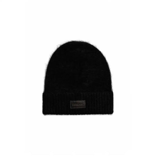 Black knit beanie from Black Fuzzy Scarf with Leather Label and Beanie set