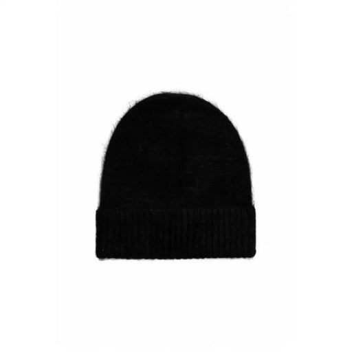 Black knit beanie from Black Fuzzy Scarf with Leather Label and Black Knit Beanie product