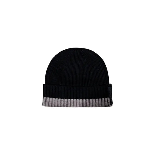 Black knit beanie with gray trim, stylish warm headwear from Black and Gray Knit Beanie collection