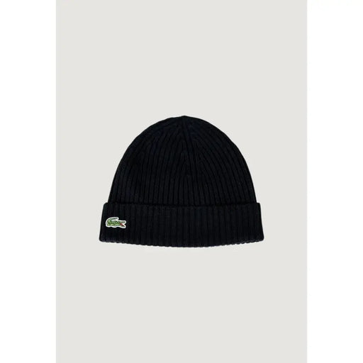 Black knit beanie featuring Lacoste logo for stylish cold weather wear