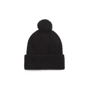Black knit beanie with pompom, stylish winter accessory for cold weather