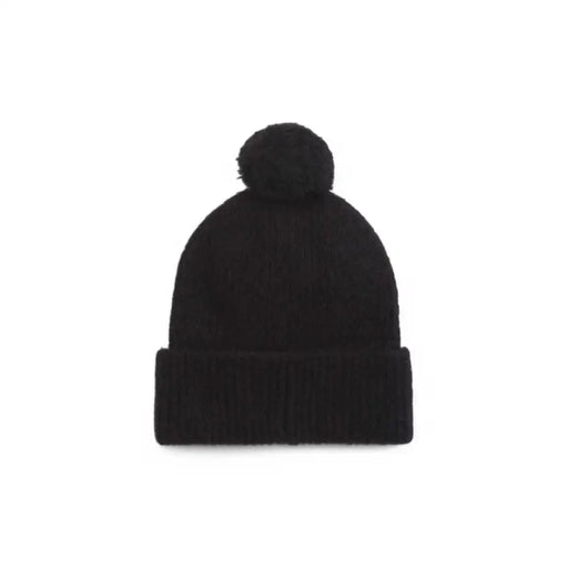 Black knit beanie with pompom, stylish winter accessory for cold weather