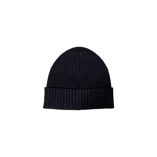Black Ribbed Knit Beanie displayed on a mannequin highlighting its fashionable design